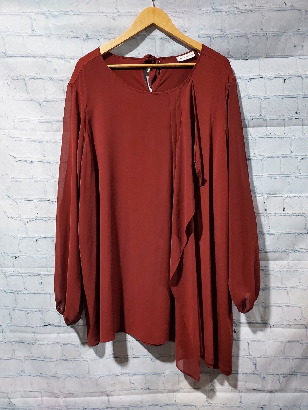Susan Graver Size 3X Liquid Knit Overlay Tunic Top Wine Rust Color Sheer Sleeves